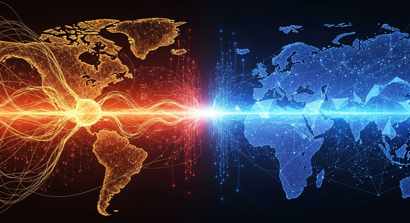 Abstract visualization of global AI competition between China and US technology